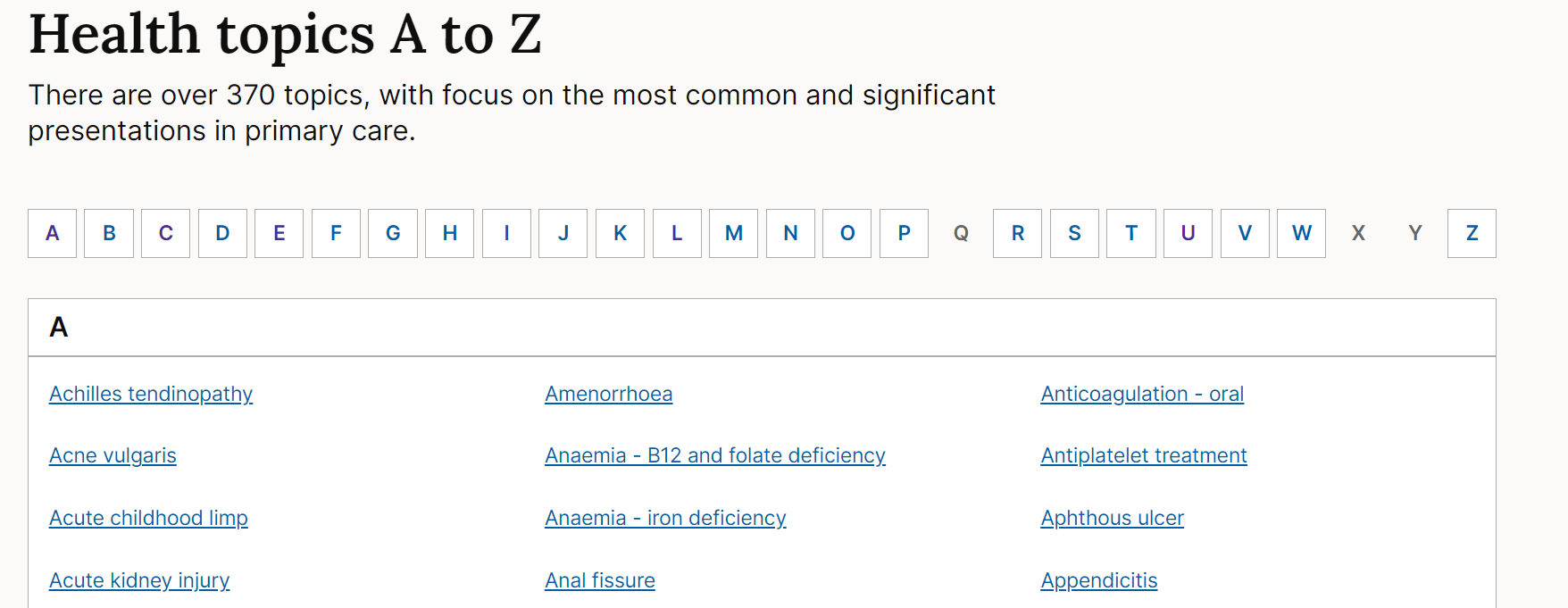 Screenshot of the alphabet component listing health topics